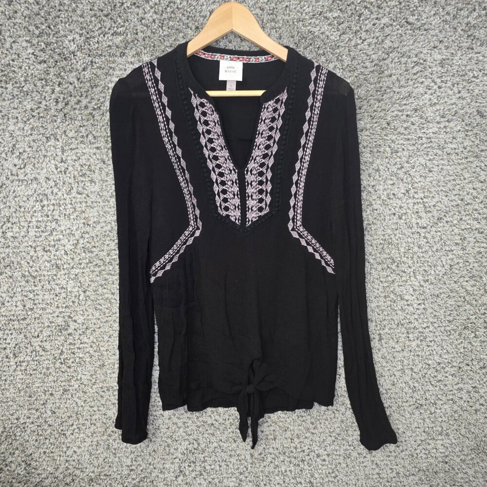 Knox Rose Top Womens Large Black Boho Embroidered Blouse Long Sleeve Casual